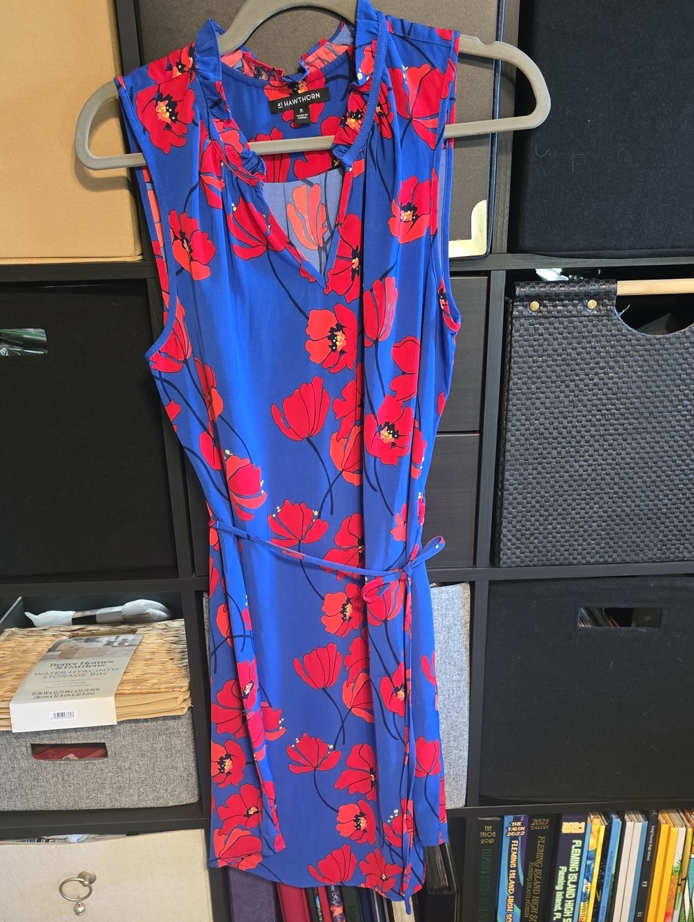 41 Hawthorn Blue Sleeveless Dress with Red Floral Print